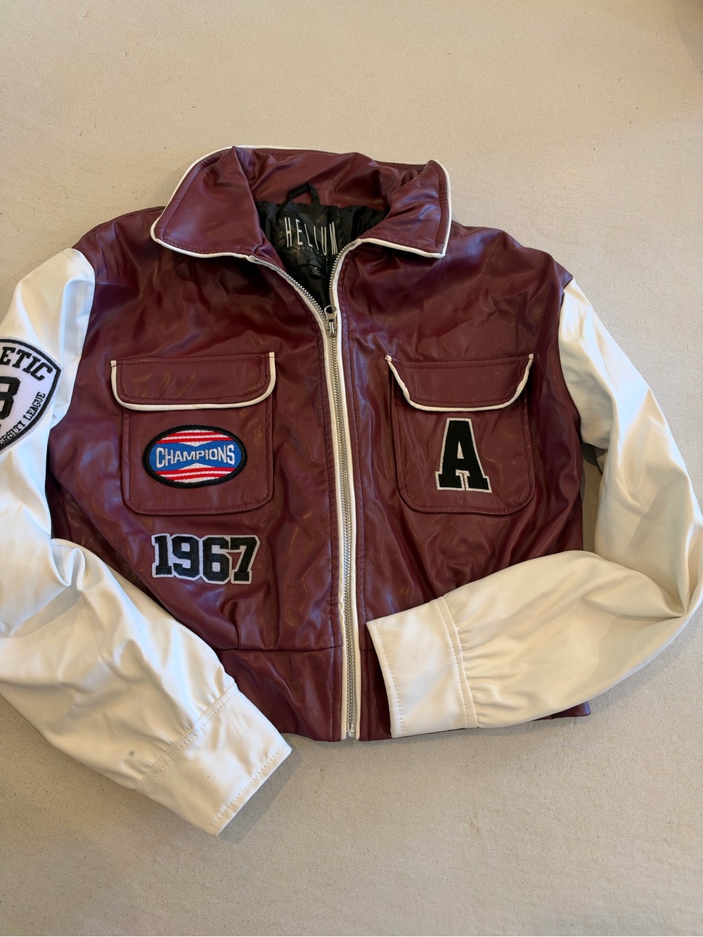 Helium Moto Wear women’s Varsity Jacket M Burgundy White Colorblock Full Zip